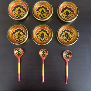 Vintage Russian Khokhloma Hand-Painted Wood Bowls & Spoons Set | 1984 USSR Folk